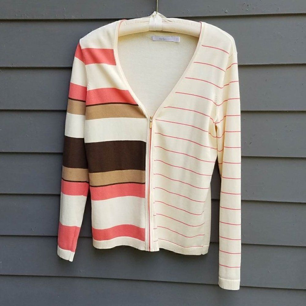 Like New! Lady Hagen Zip Front V Neck Cream Tan Coral Stripe Cardigan Size Smal